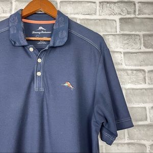 Tommy Bahama Navy Blue Hawaiian Print Collar Colorful Logo Supima Cotton Polo M